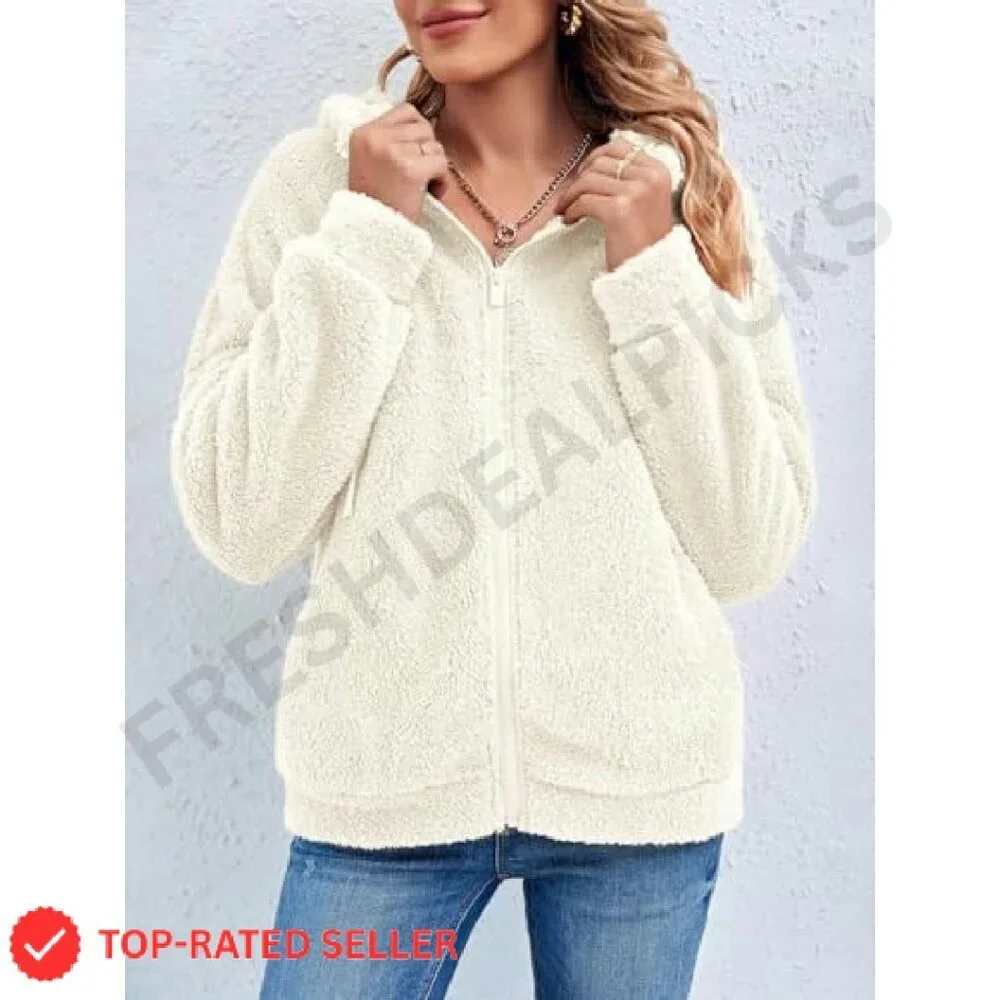 Oversized Sherpa Fleece Jacket Zip Up Winter Warm Sweatshirt Hoodie Chic